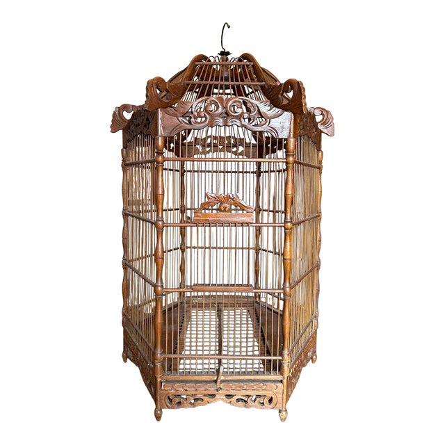 Beautiful Decorative Large Antique Wooden Ornate Pagoda Style Bird Cage For Sale