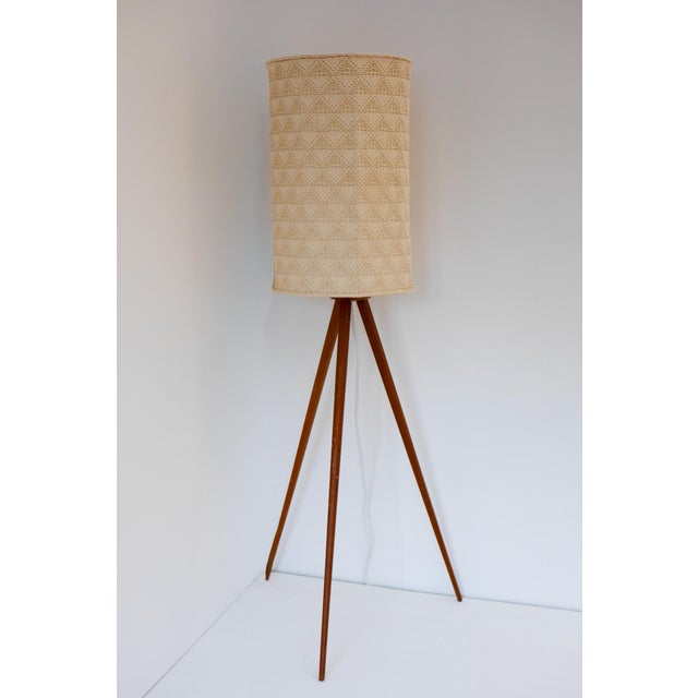 Wood Large Scandinavian Teak Tripod Floor Lamp with Drawn Thread Embroidery Shade For Sale - Image 7 of 13