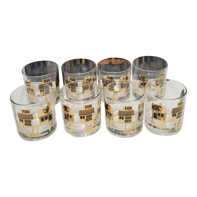 Vintage Couroc Serving Tray and Matching on the Rock Glasses With Inlaid Wood Fish Design Barware- 9 Pieces For Sale