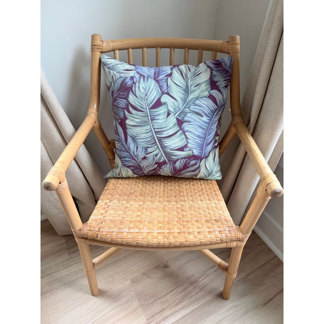 Contemporary Tropical Palm Leaf Feather-Down Pillow in Berry, Lilac & Sage 18” X 18” For Sale - Image 3 of 8