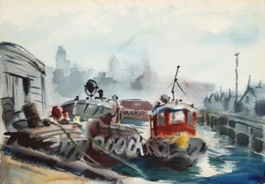 Eve Nethercott, Tugboat and City Street (28), Two-Sided Watercolor
