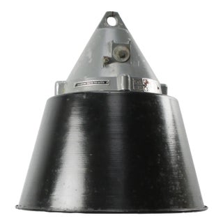 Vintage Industrial Black Enamel & Clear Glass Factory Pendant Light For Sale