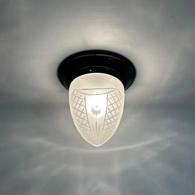 Large Art Deco Ceiling Lamp with Brass Base and Cut Glass, 1930s For Sale - Image 3 of 11