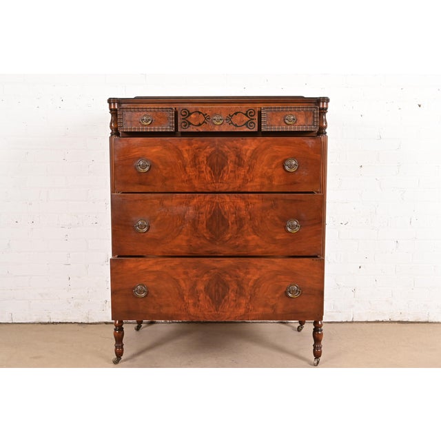 1920s Berkey & Gay Style Antique French Regency Louis XVI Carved Burled Walnut Highboy Dresser, Circa 1920s For Sale - Image 5 of 15