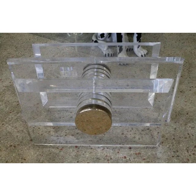Amazing Lucite and brass super heavy and thick coffee table. In the manner of Karl Springer, Charles Hollis Jones. Glass...