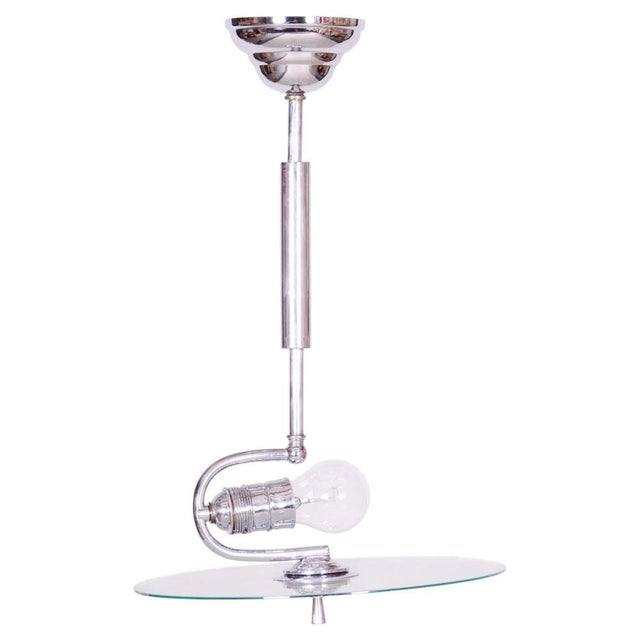Bauhaus Chandelier in Chrome-Plated Steel and Frosted Glass, Czech, 1930s For Sale - Image 9 of 9
