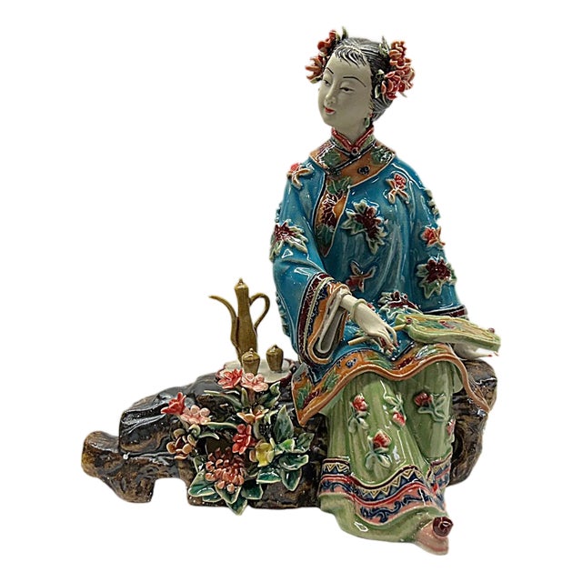 Chinese Porcelain Qing Style Dressing Drinking Tea Lady Figure For Sale