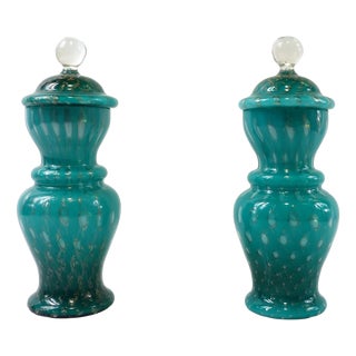 Covered Jars in Turquoise and Aventurine Glass, 1950s, Set of 2 For Sale