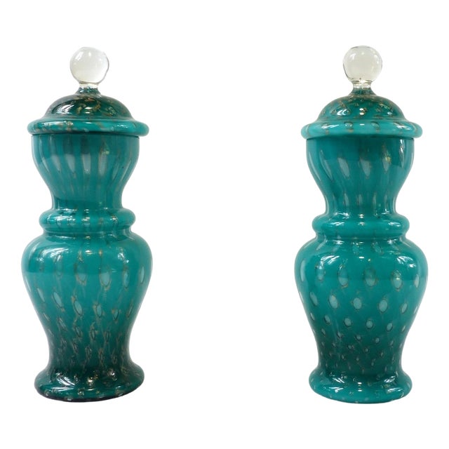Covered Jars in Turquoise and Aventurine Glass, 1950s, Set of 2 For Sale