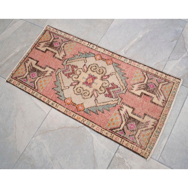 Textile Vintage Hand Knotted Small Turkish Rug 1970s Entry Mat Kitchen Laundry Decor Boho Doormat 17"x34" For Sale - Image 7 of 10