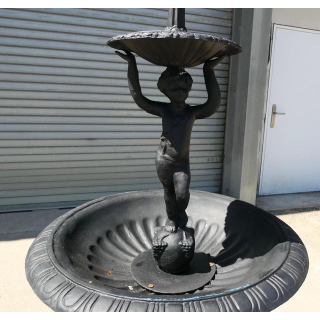 Metal Classical Style Black Cast Iron Fountain with Cherub Boy, 1970s For Sale - Image 7 of 8