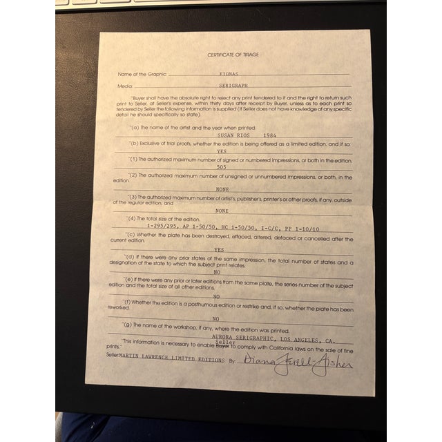 Wood Susan Rios "Fionas" Serigraph #206 of 295. 1984 For Sale - Image 7 of 7