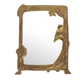 Art Nouveau Brass Female Figure and Botanic Easel Back Vanity Tabletop Mirror For Sale