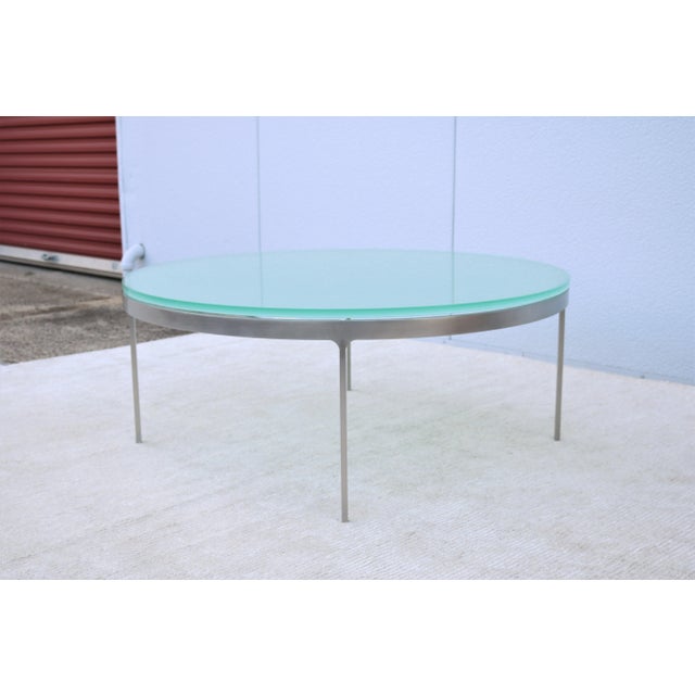 Vintage Minimalist Nicos Zographos Round Glass and Stainless-Steel Coffee Table For Sale In New York - Image 6 of 13