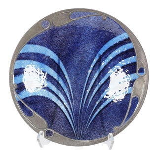 Art Nouveau Pewter & Enamel Charger, Blue Swirl Motif For Sale