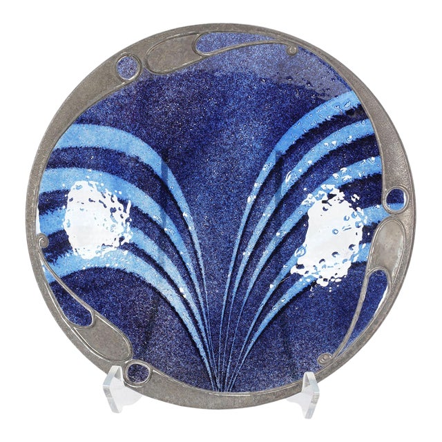 Art Nouveau Pewter & Enamel Charger, Blue Swirl Motif For Sale