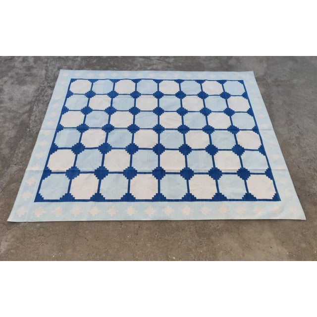 Handmade Cotton Natural Vegetable Dyed Reversible Light and Indigo Blue and White Box Pattern Vista Rug - 8'x10' For Sale - Image 9 of 11