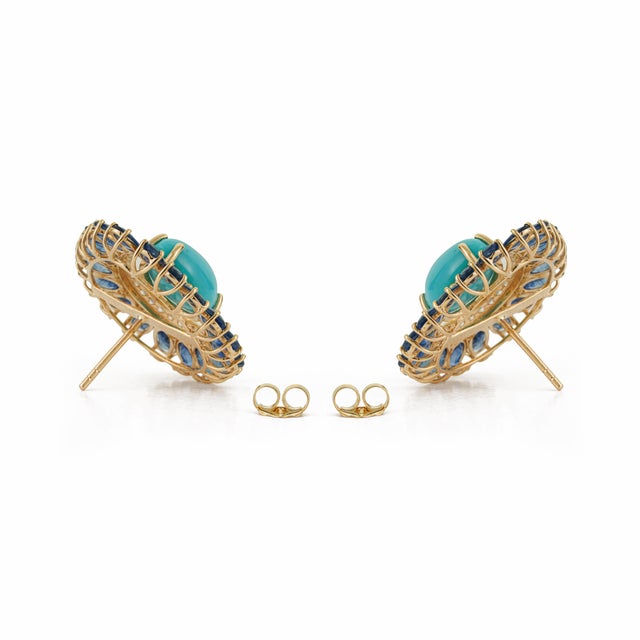 Art Deco 17ct Turquoise & Blue Sapphire Statement Earrings With Diamonds in 14k Gold- A Pair For Sale - Image 10 of 17