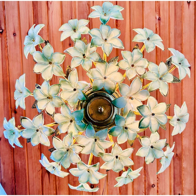 1970s Vintage Murano Style Hand-Painted Green Glass Floral Flush Mount Chandelier⁠ For Sale - Image 15 of 18