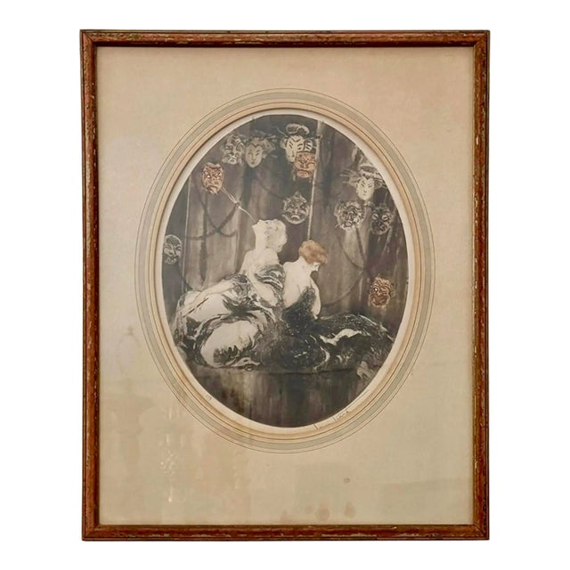 Antique Louis Icart Les Masques Hand Colored Print C.1926 For Sale