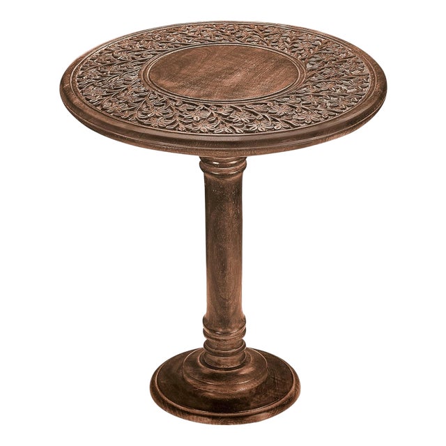 Handcrafted Mango Wood Round Pedestal End Accent Table For Sale