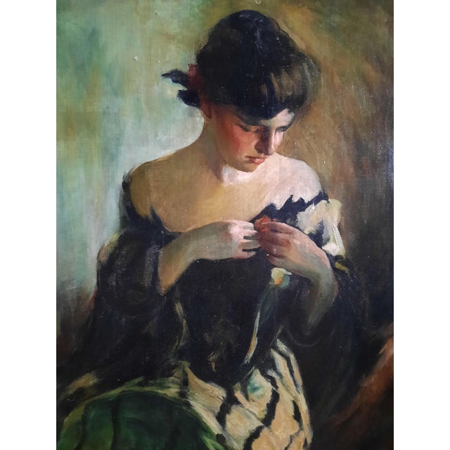 Traditional Oil Portrait of Woman in Green and Black, After John White Alexander For Sale - Image 3 of 7