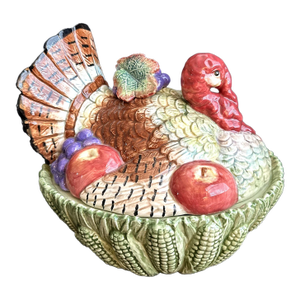 Vintage Fitz & Floyd Autumn Bounty Turkey Thanksgiving Covered Serving Bowl