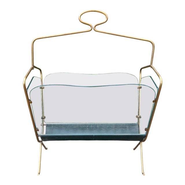 Italian Modern Brass and Glass Magazine Holder For Sale