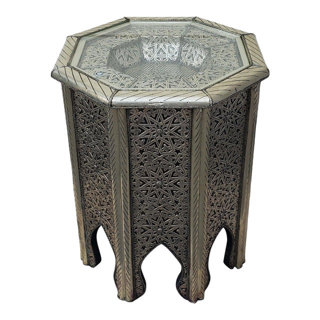 Moroccan Octagonal Metal Inlaid Side Table, Silver For Sale