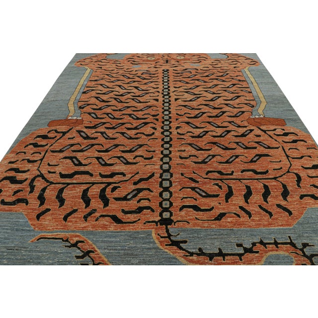 Modern Rug & Kilim’s Modern Tiger Pictorial Rug Design in Burnt Orange and Blue For Sale - Image 3 of 7