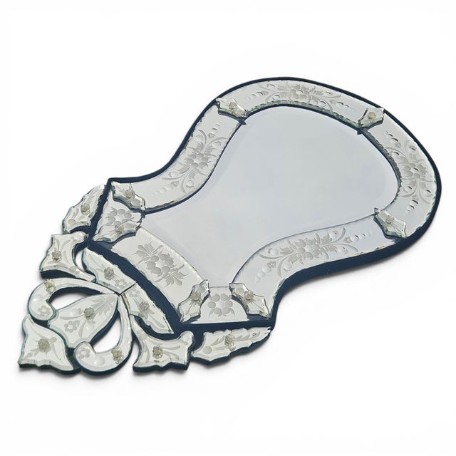 Antique Italian Venetian Etched Glass Cartouche Wall Mirror With Floral Rosettes For Sale - Image 4 of 12