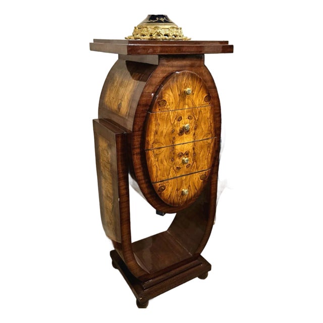 Art Deco Wood Nightstand Chest With 4 Drawers – Handcrafted Burl Wood Accent Cabinet For Sale
