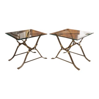 Pair of 1940s French Wrought Iron and Brass Side Tables With Beveled Glass Tops For Sale