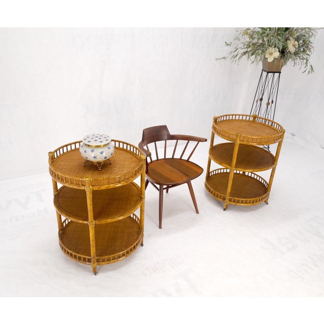 Pair of Maguire Round Reed & Cane Three Tier Gallery Top Serving Tables Stands For Sale - Image 10 of 12