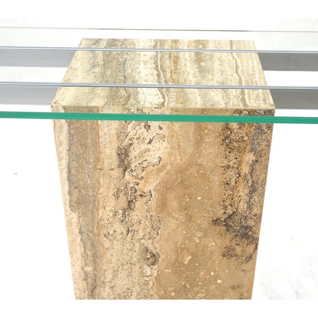 Single Travertine Pedestal Glass Top Italian Modern Sofa Console Table For Sale - Image 9 of 12