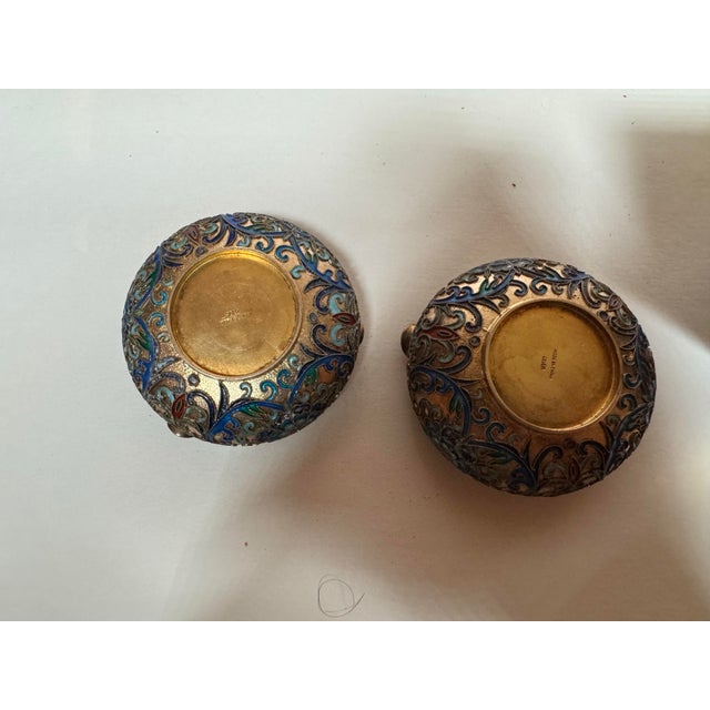 Silver Vintage Chinese Export Silver & Enamel Smoking Set, Cigarette Holder & Pair of Ashtrays For Sale - Image 8 of 11