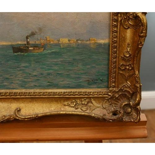 Atmospheric victorian maritime oil painting depicting a group of steamships approaching harbour, with a tugboat in the...