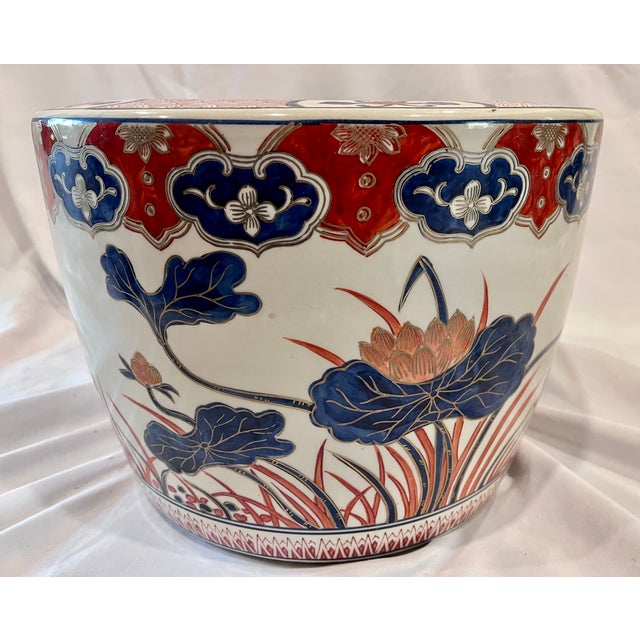 Antique 13" Japanese Imari Porcelain Lotus Motif Jardiniere Planter For Sale - Image 4 of 14
