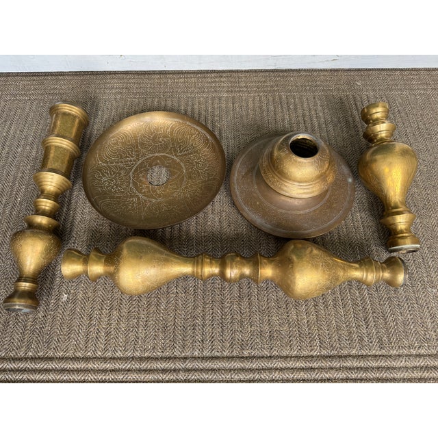 Vintage 1960s Moroccan Etched Brass Pillar Altar Floor Candle Stands = 5 Altars (35 Pieces) For Sale - Image 15 of 15