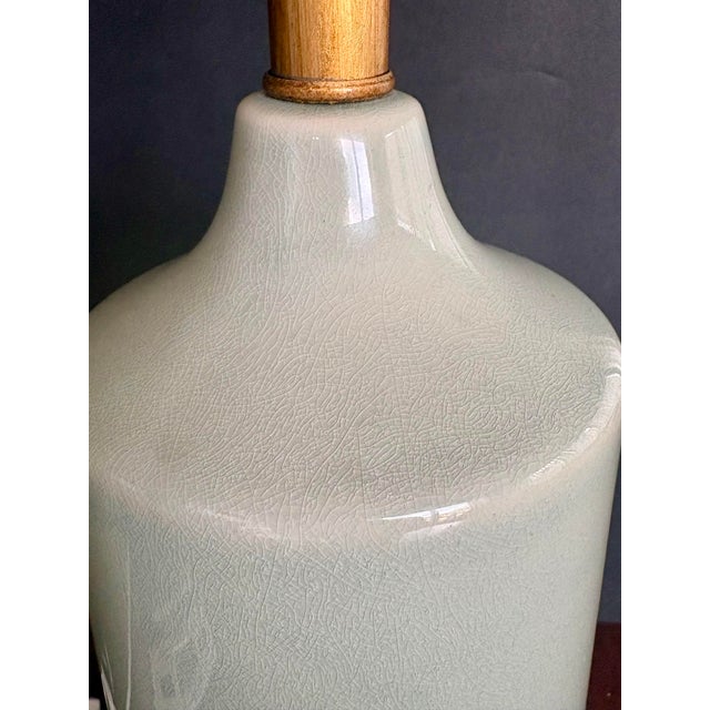1960s Mid-Century Modern Celadon Crackle-Glaze Ceramic & Wood Table Lamp For Sale - Image 13 of 15