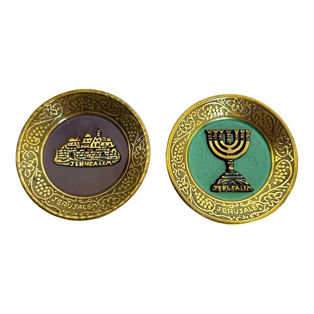 Vintage Israelis Brass Enameled Decorative Jerusalem and Menorah Plates - Set of 2 For Sale
