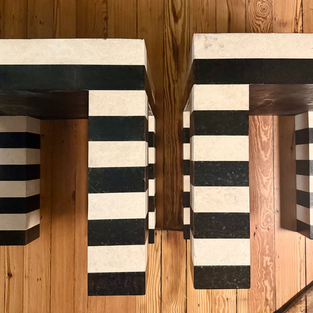 Postmodern Postmodern Black & White Stripe Tessellated Marble Accent Tables For Sale - Image 3 of 9