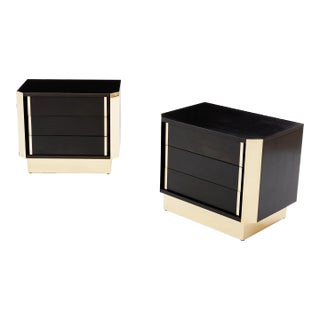 Pair of Italian Nightstands Ebonized Oak Wood and Brass 1970s For Sale