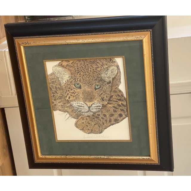 Impressive Coastal Grasscloth Safari Mirror With Leopard For Sale - Image 9 of 9