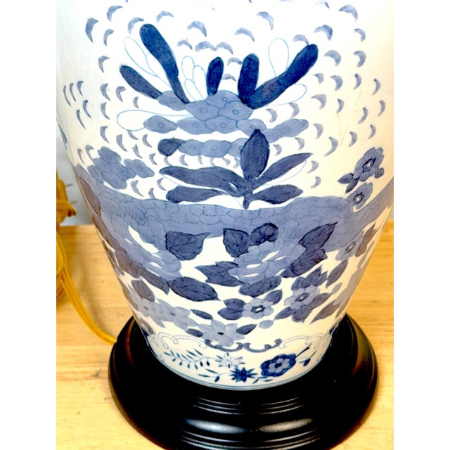 Pair Chinese Canton Style Blue and White Palm Tree Porcelain Vases, Now as Lamps For Sale - Image 10 of 10