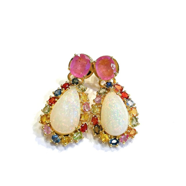 Metal Bochic “Orient” Retro Opal, Ruby & Sapphire Earrings Set In 18K Gold & Silver, 2 pieces For Sale - Image 7 of 12