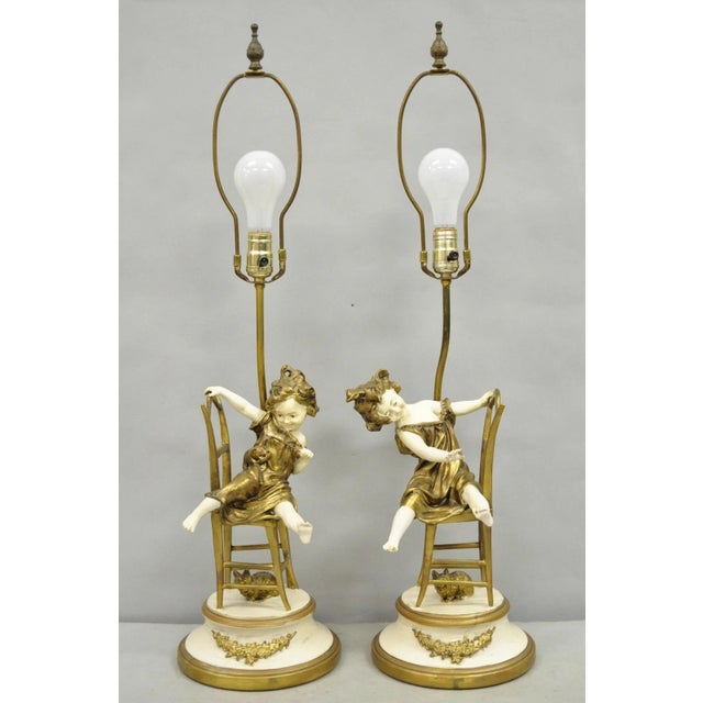 Early 20th Century Juan Clara "Girl on Chair Playing With Kittens" Metal Figural Table Lamps - Pair For Sale - Image 16 of 16