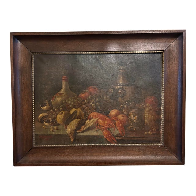 Antique Still Life Painting With Fruit and Lobster. For Sale