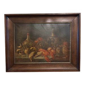 Antique Still Life Painting With Fruit and Lobster.