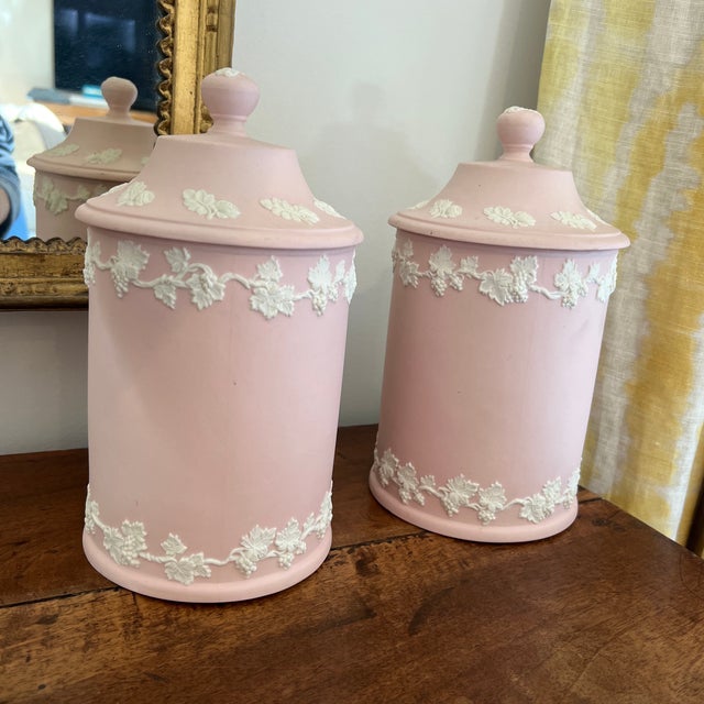 Italian Vintage Pink Italian Jasperware Jars- A Pair For Sale - Image 3 of 9